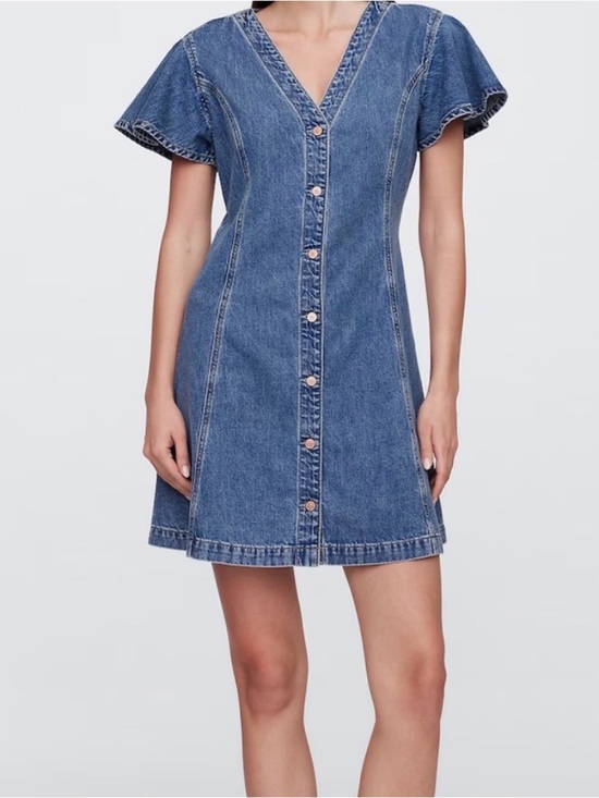 GAP Dresses & Skirts - GAP Blue Denim Button-Front V-Neck Mini Dress Flutter Sleeves Flattering